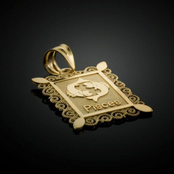 14K Solid Gold Pisces Zodiac Sign Pendant - Yellow, Rose, or White Gold
